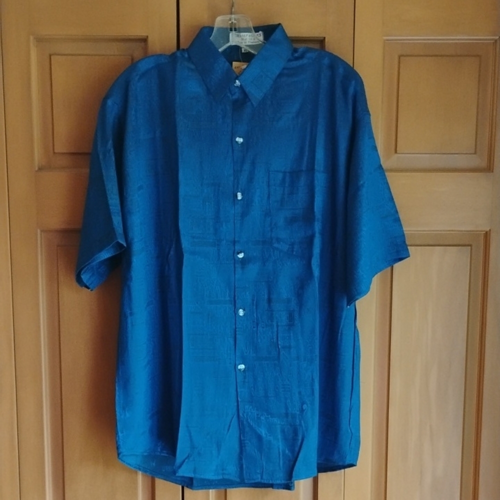 Champagnes Thai Silk Men's Button Down Short Sleeve Shirt Size XL Blue NWT